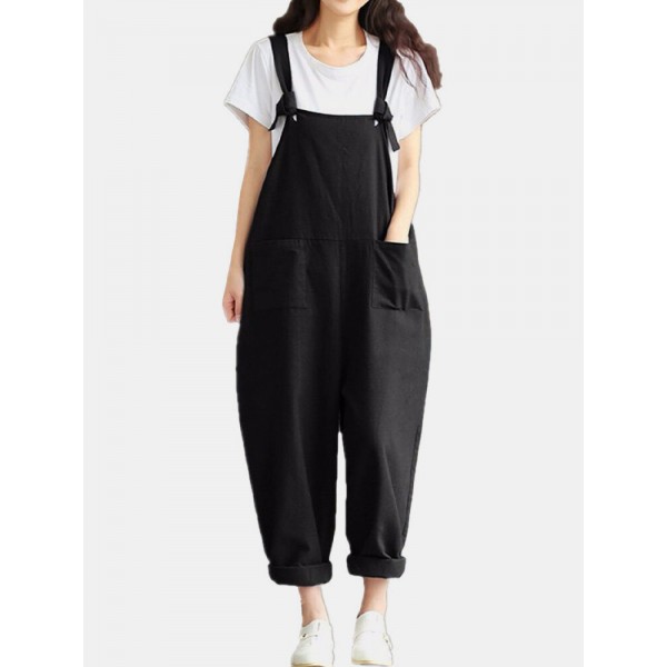 Solid Pocket Adjustable Straps Casual Jumpsuit