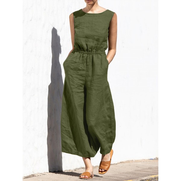 Cotton Solid Pocket Button Elastic Waist Sleeveless Casual Jumpsuit