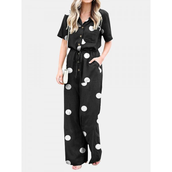 Polka Dot Button Pocket Drawstring Lapel Casual Jumpsuit