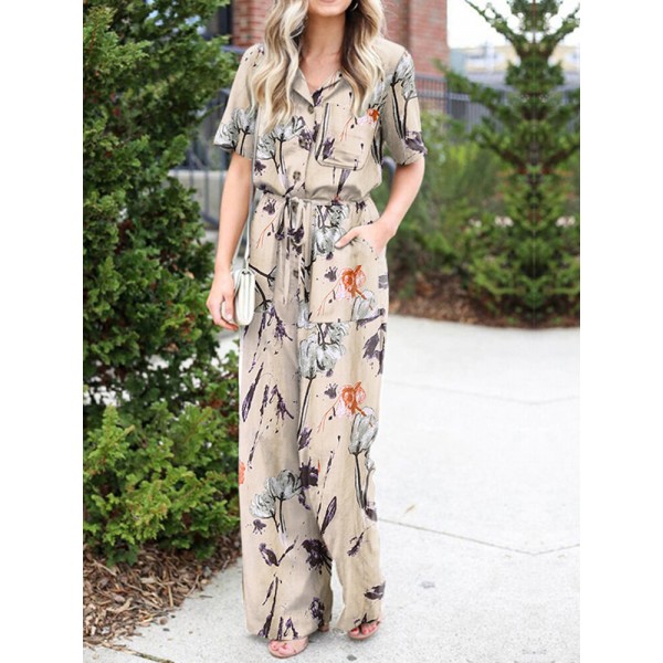 Floral Print Button Pocket Short Sleeve Wide Leg Jumpsuit