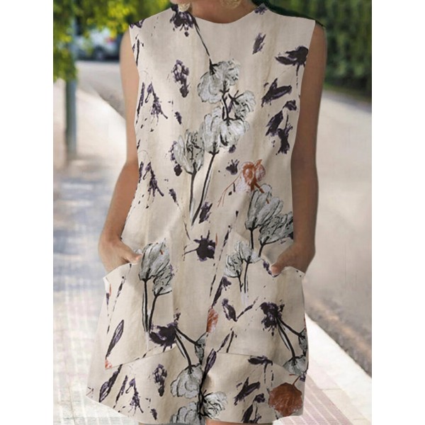 Plant Print Pocket Round Neck Sleeveless Romper