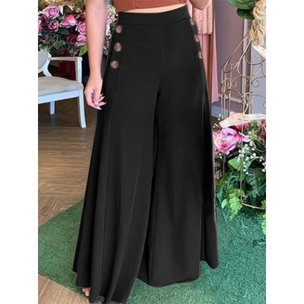 Women Solid Color Side Button Elastic Waist Loose Casual Wide Leg Pants With Poc