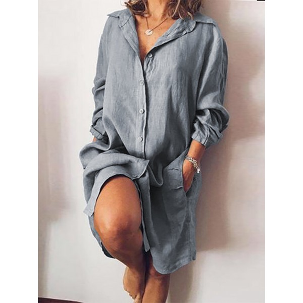 Women Long Sleeve V-neck Button Pocket Dress