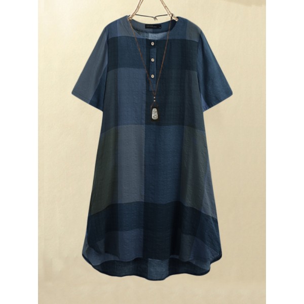 Women Vintage Plaid Print Button Front O-Neck Short Sleeve Loose Casual Shirt Dress With Pocket