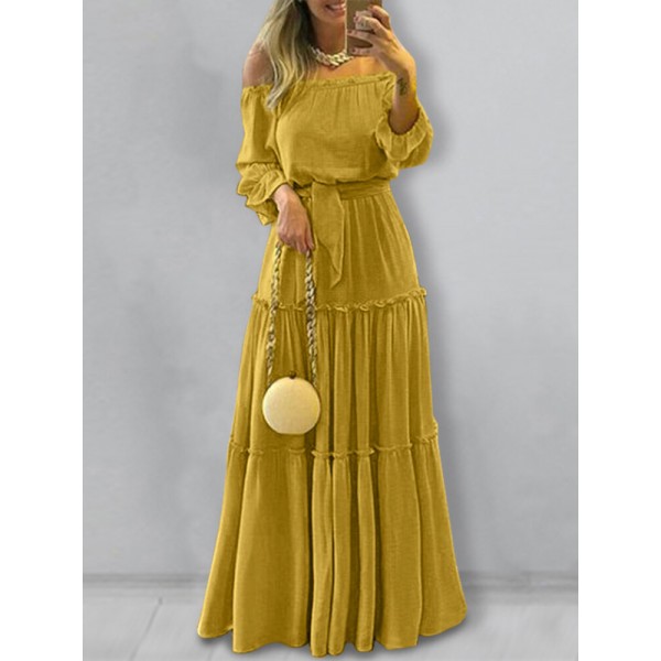 Women One Word Collar Puff Sleeve Elegant Solid Color Maxi Dress