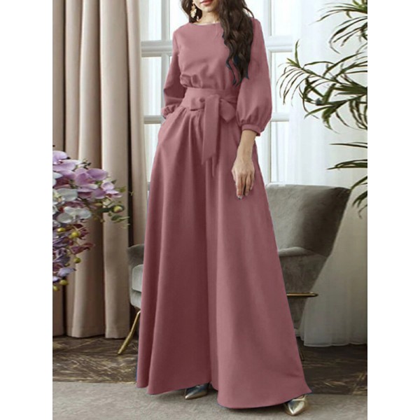 Solid Color Belted O-neck Lace Up Side Pocket 3/4 Sleeve Vintage Maxi Dress