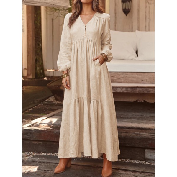 Women Solid Color V-neck Long Sleeve Causal Maxi Dress