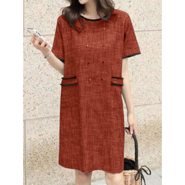 Contrast Color Pocket Short Sleeve Midi Casual Dress