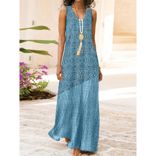 Leisure Geometry Pattern Patchwork V Neck Sleeveless Maxi Dress